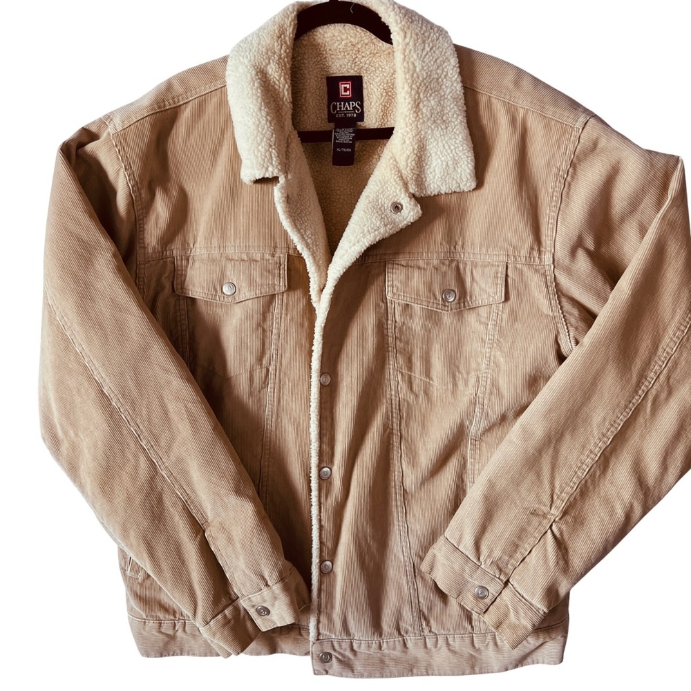 Chaps Mens Tan Corduroy Thick Sherpa Lined Barn Trucker Jacket workwear XL‎ READ